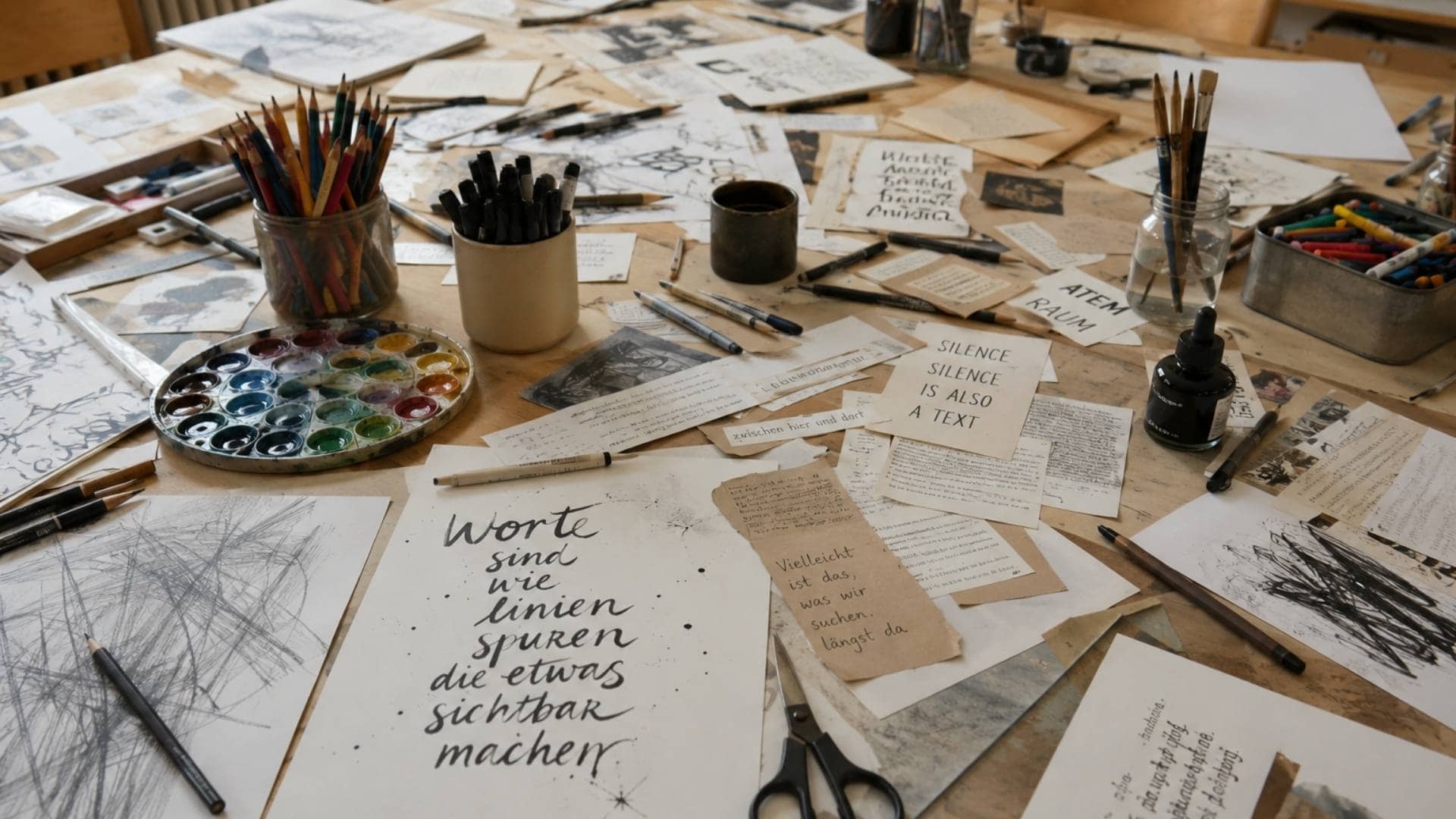 Kreativer Werktisch mit Skizzen, Aquarellfarben, Stiften und handgeschriebenen Wort-Zetteln