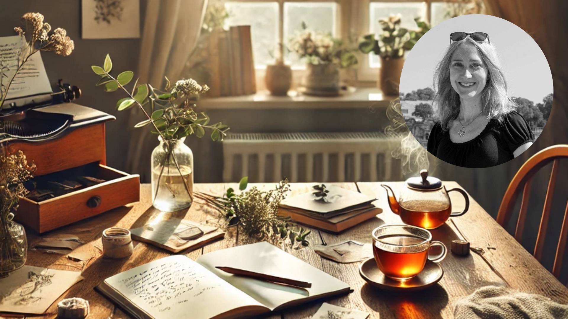 Newsletter Beitragsbild WordPress Alter Holztisch mit Stift und aufgeklapptem Schreibheft, daneben eine Kanne dampfender Tee