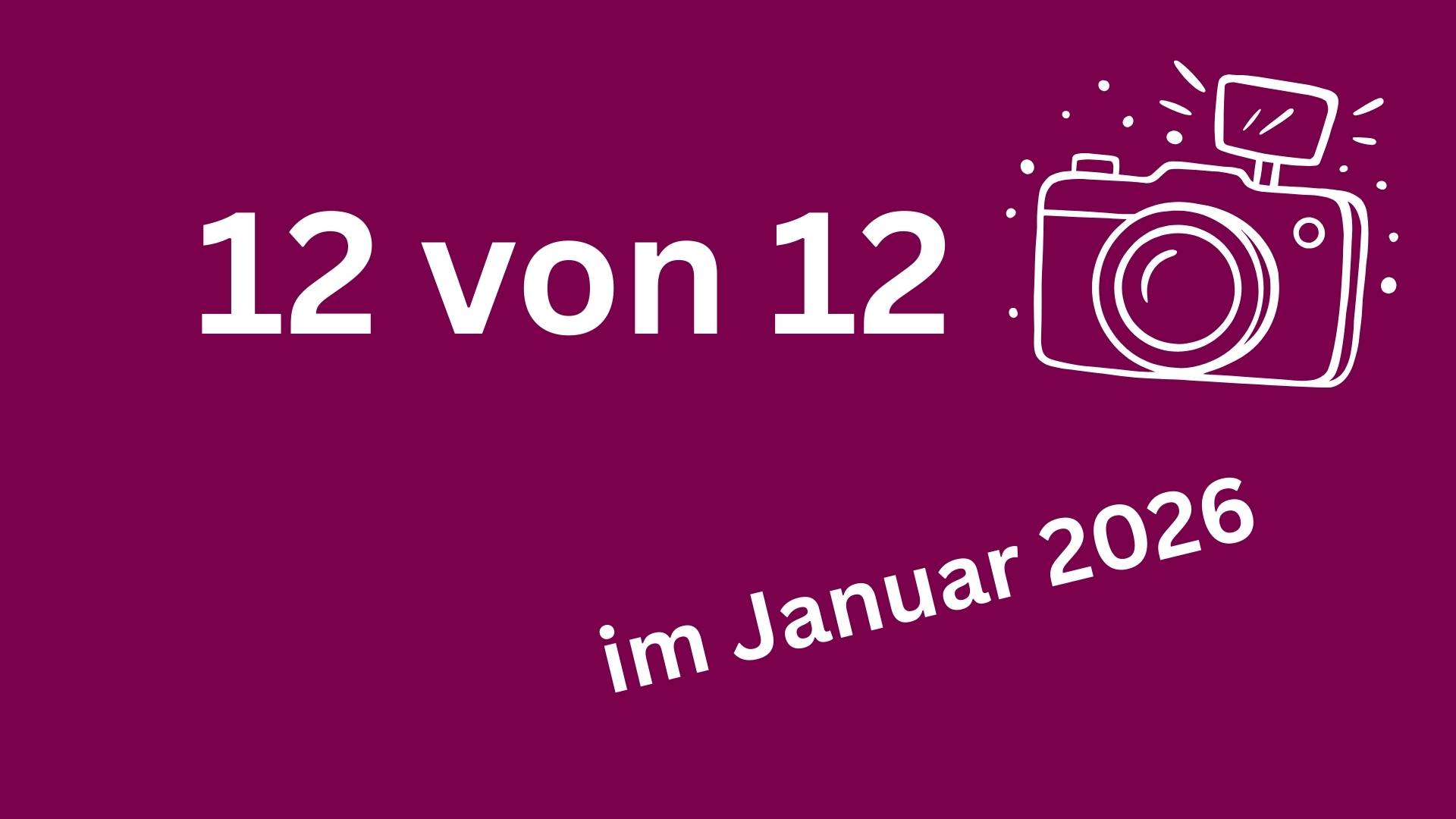 Kräftig violette Fläche mit weißer Aufschrift 12 von 12 im Januar, dazu eine skizzierte Kamera in weiß