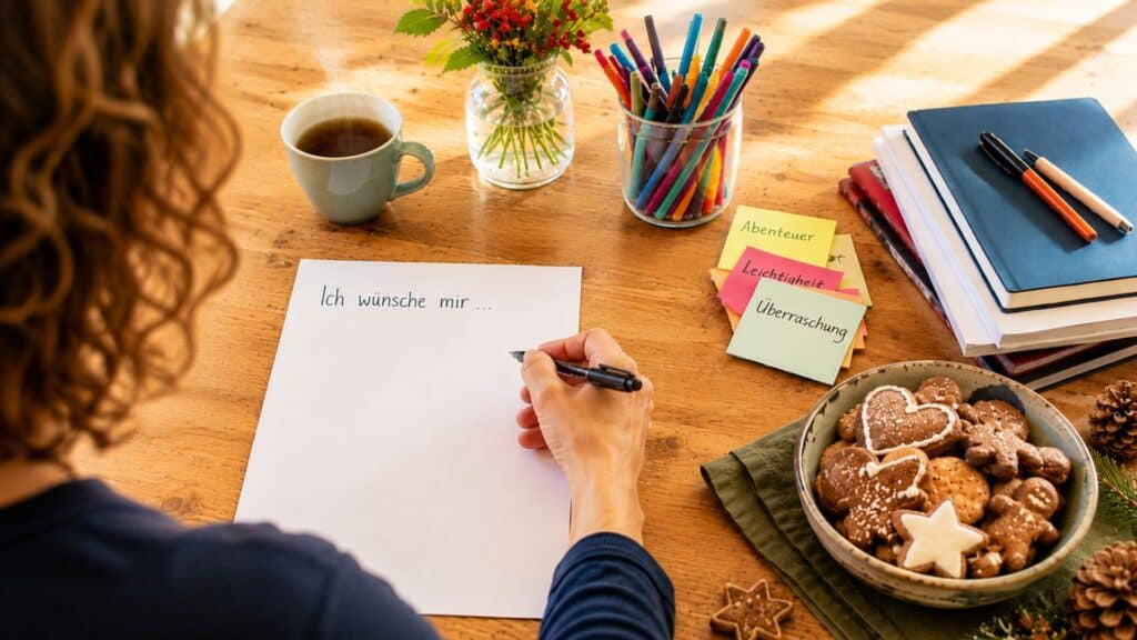 Person sitzt an einem Holztisch mit einem Zettel vor sich,, einen Stift in der Hand, auf dem Papier steht die Zeile "Ich wünsche mir..."