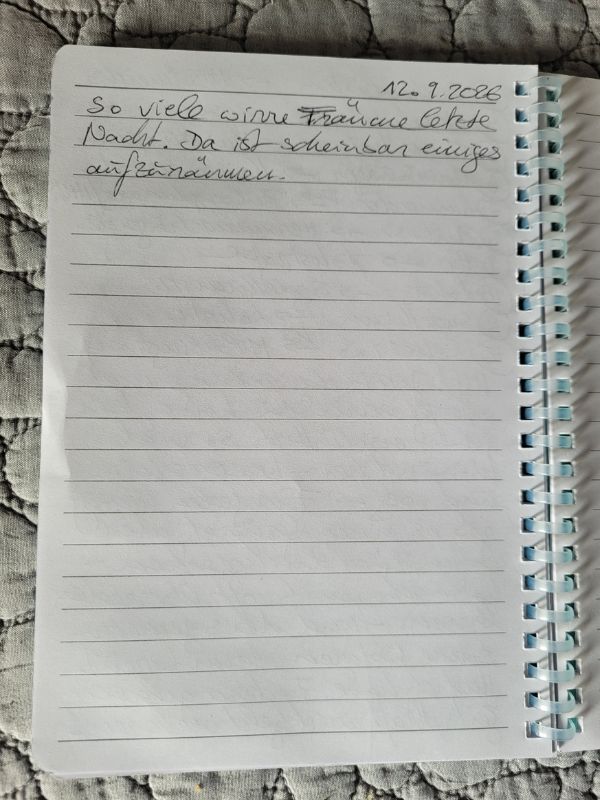 Handschriftlicher Tagebucheintrag in einem Notizbuch mit Spiralbindung