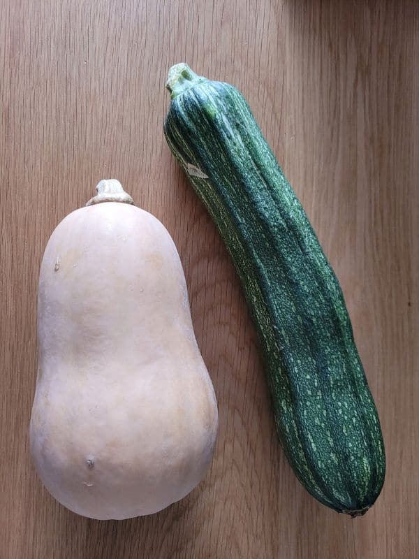 Ein Butternut-Kürbis und eine Zucchini nebeneinander auf einem Holztisch